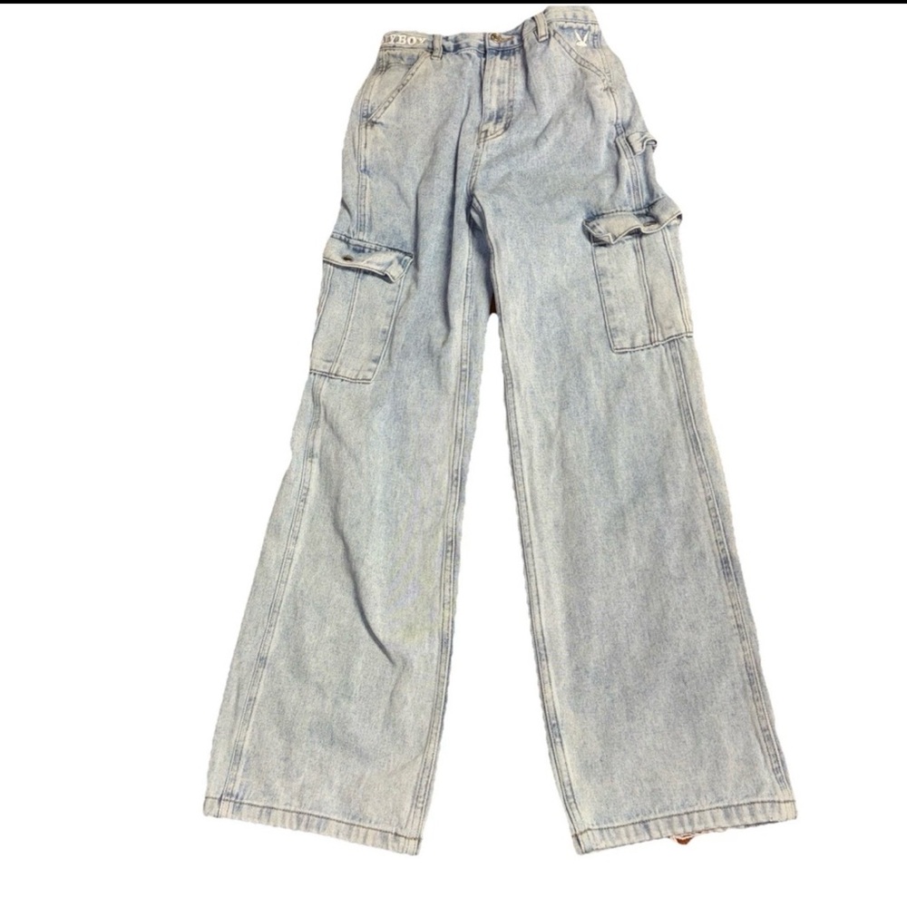 Playboy by PacSun Women's Cargo Jeans Size 26 Light Wash Wide Leg Y2K Baggy Flaw